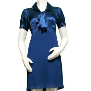 Ali Ro Navy Blue Satin and Pleated Chiffon Bow Neck Cocktail Dress Size 4